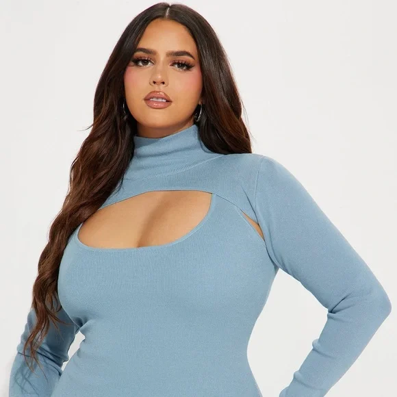 ~Allison Slate Blue Sweater Dress W/ Bolero Neckline, Front Cutout & Side Split~ - Picture 8 of 11